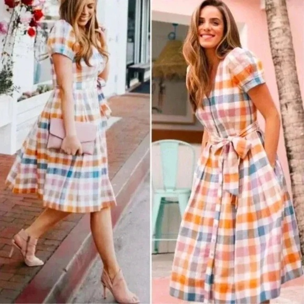 Gal Meets Glam Poppy Gingham Linen Blend Midi Dress, Pink Coral Multi